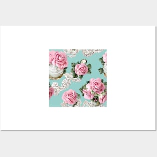 French roses and lace on duck egg Posters and Art